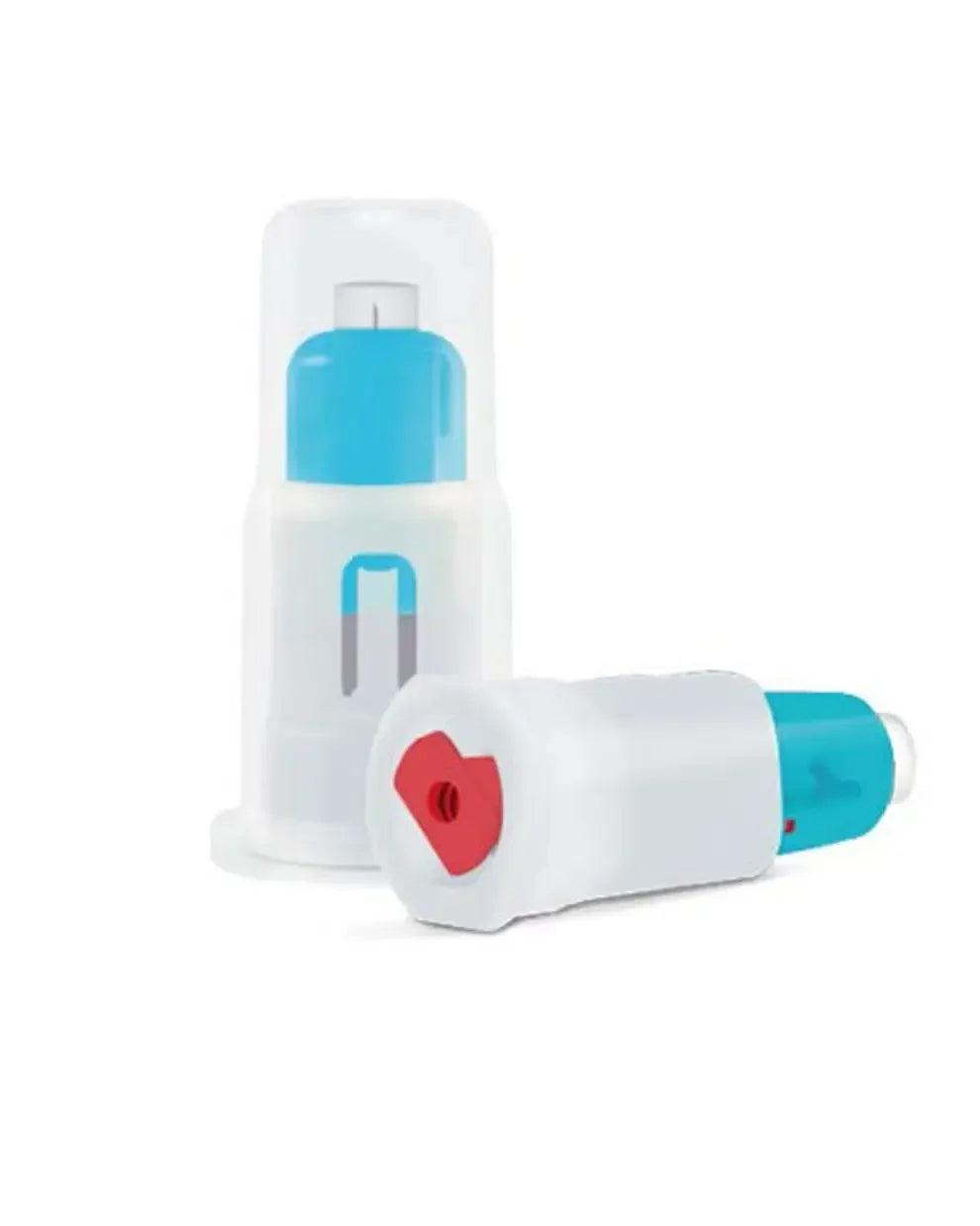 safety lancet medical device with blue and white body and red trigger, sterile cap on white background