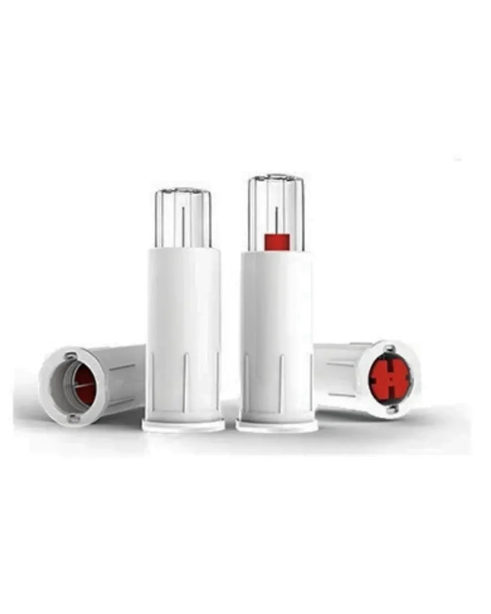 White medical lancet safety needle devices with red safety indicators, shown on white background