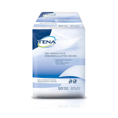TENA dry washcloths pack, 50 disposable multipurpose wipes, soft embossed material