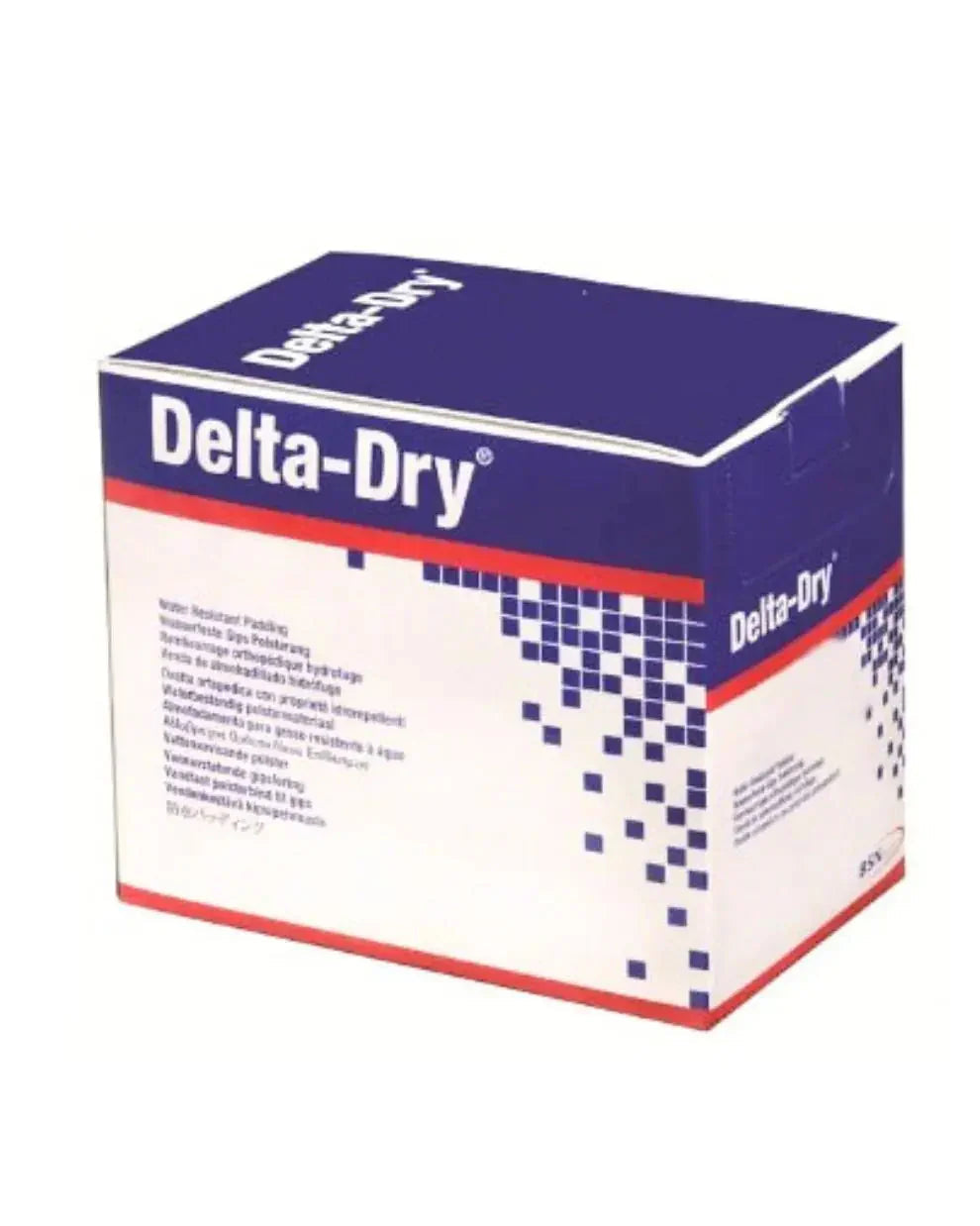 Delta-Dry water resistant padding medical supply box with blue and red design