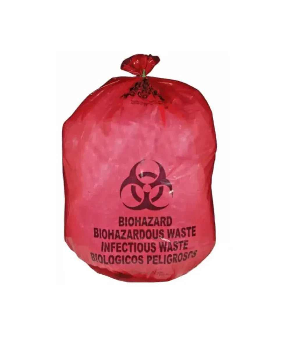 Red biohazard waste bag for infectious medical waste disposal, biohazard symbol visible