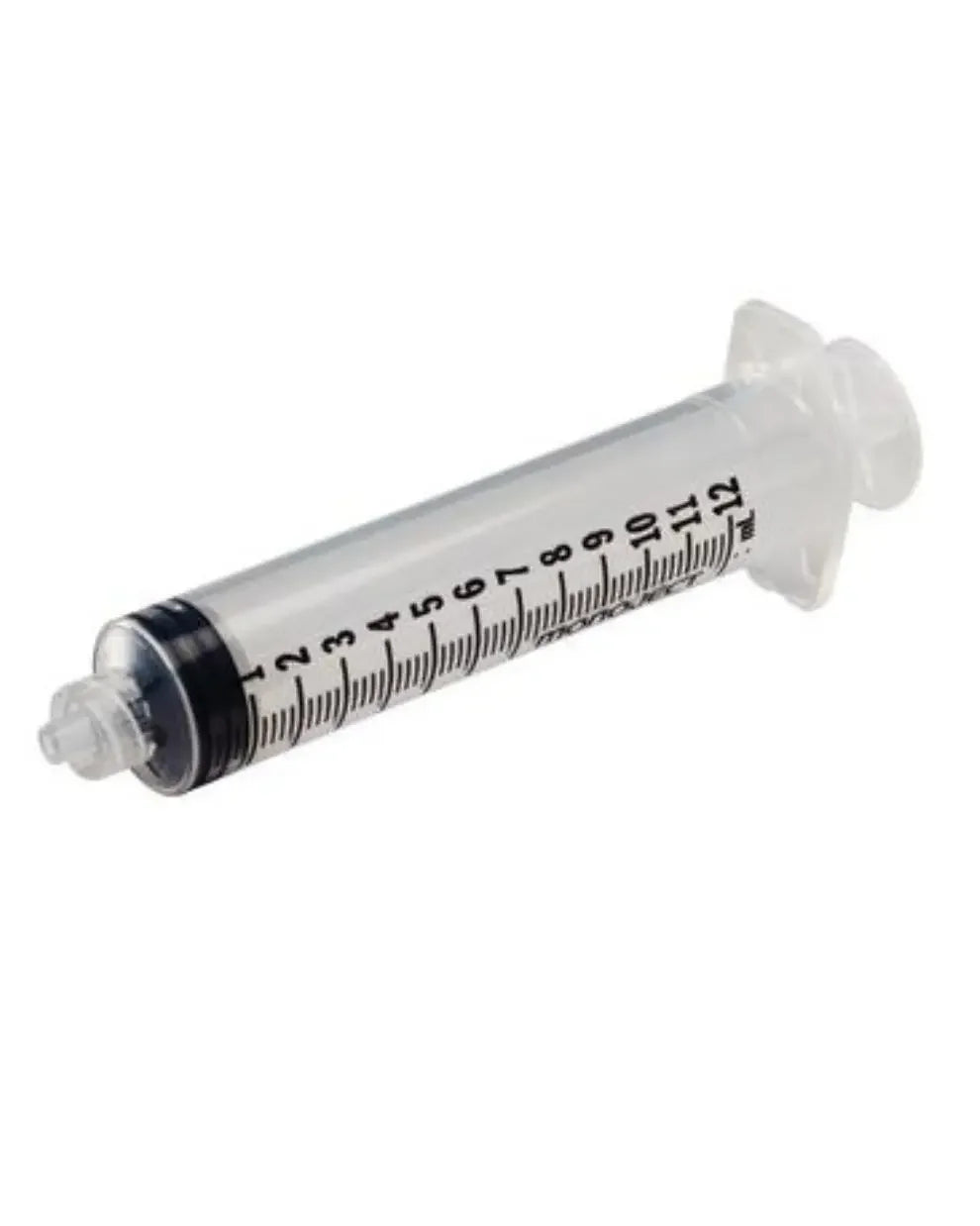 Sterile 12 mL clear plastic syringe with black measurement markings for medical use