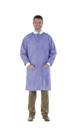 Man wearing a blue disposable lab coat, long sleeves, snap front, medical supply apparel