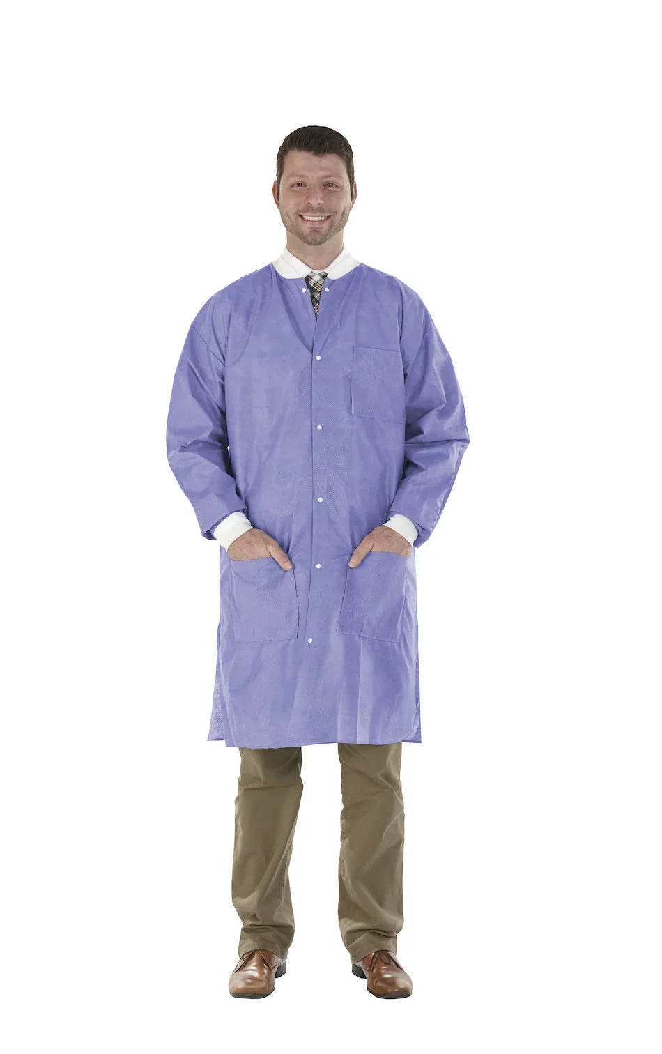 Man wearing a blue disposable lab coat, long sleeves, snap front, medical supply apparel