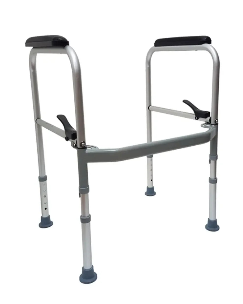 Adjustable aluminum toilet safety frame with padded armrests for bathroom support
