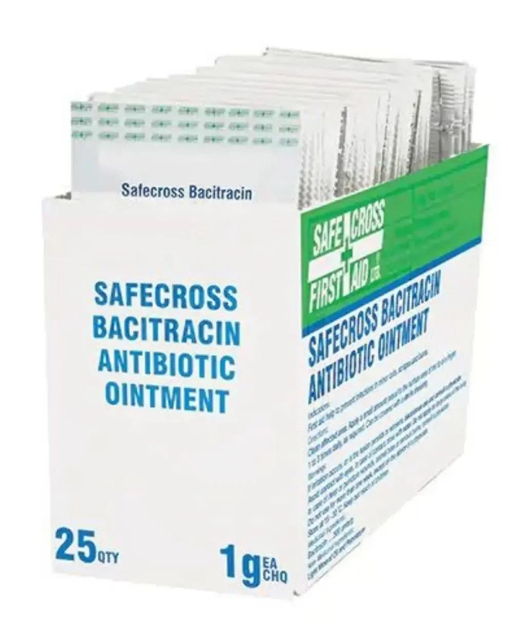 Safecross Bacitracin antibiotic ointment box, 25 single-use medical packets, first aid supply