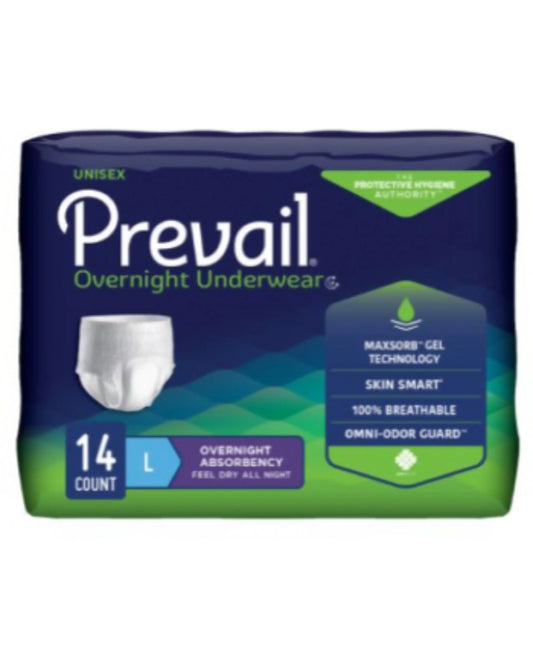 Prevail unisex overnight underwear, large size, 14 count, incontinence absorbent briefs.