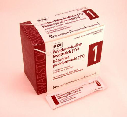 Povidone-Iodine swabstick box with single antiseptic swab for medical wound care