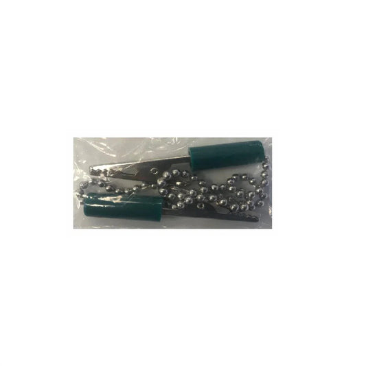 Metal alligator clip with green insulated handles and beaded chain, medical supply