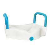 Raised toilet seat with blue handles for mobility and home care assistance