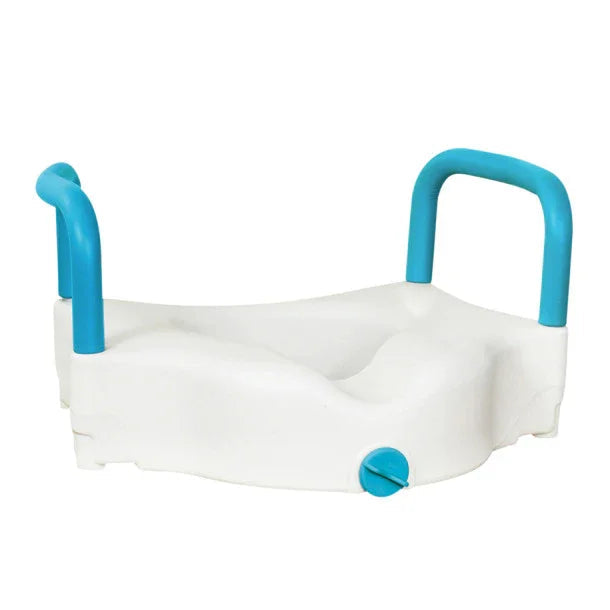 Raised toilet seat with blue safety handles for bathroom mobility aid