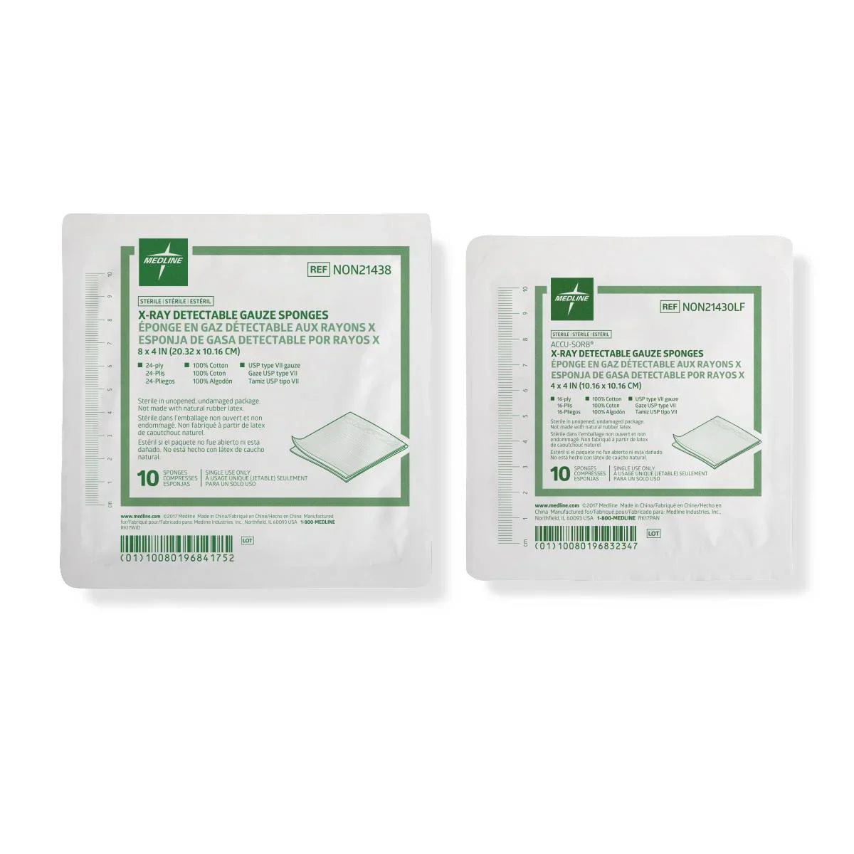 Two packs of Medline sterile X-ray detectable gauze sponges for medical use