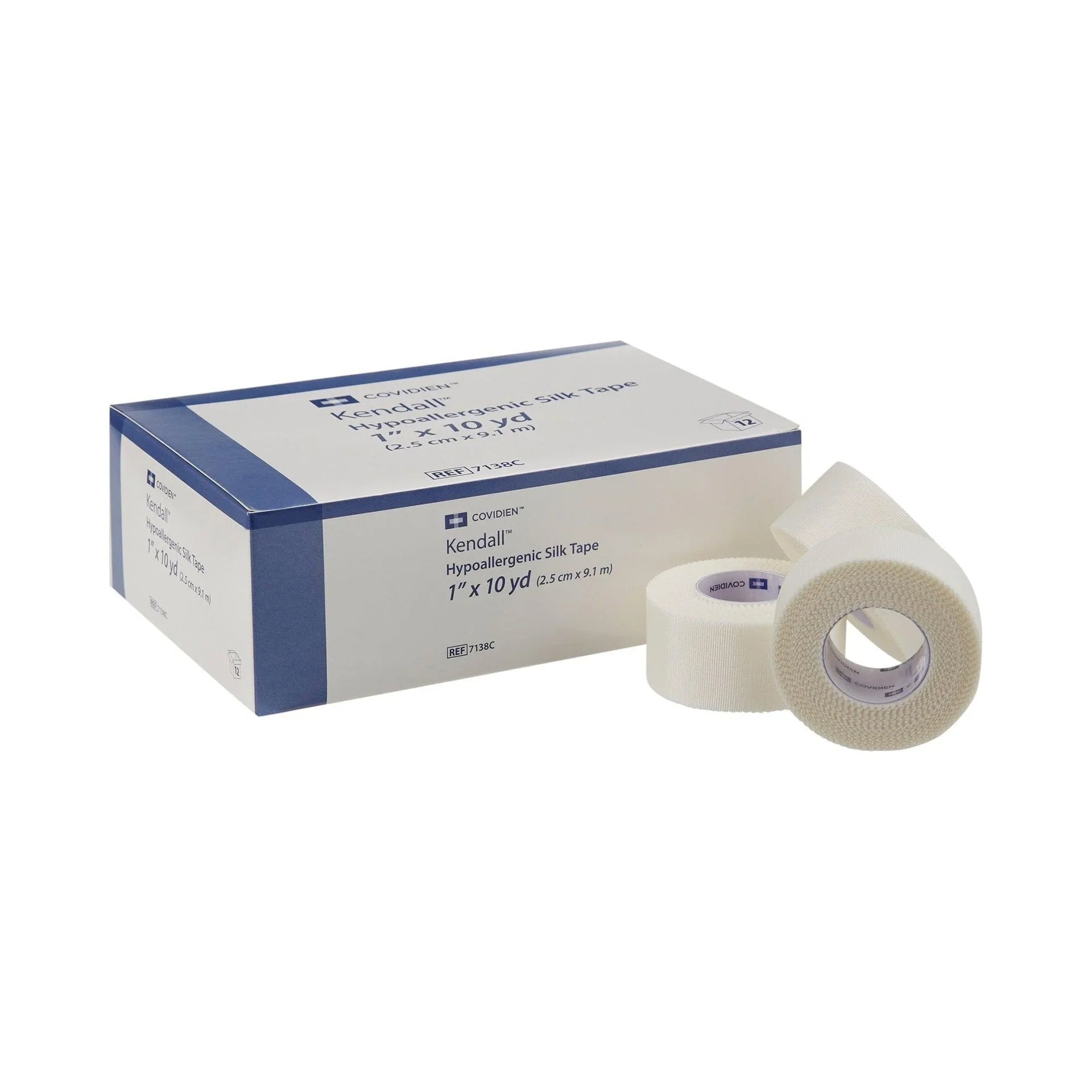 Kendall hypoallergenic silk medical tape 1 inch by 10 yard rolls with box on white background