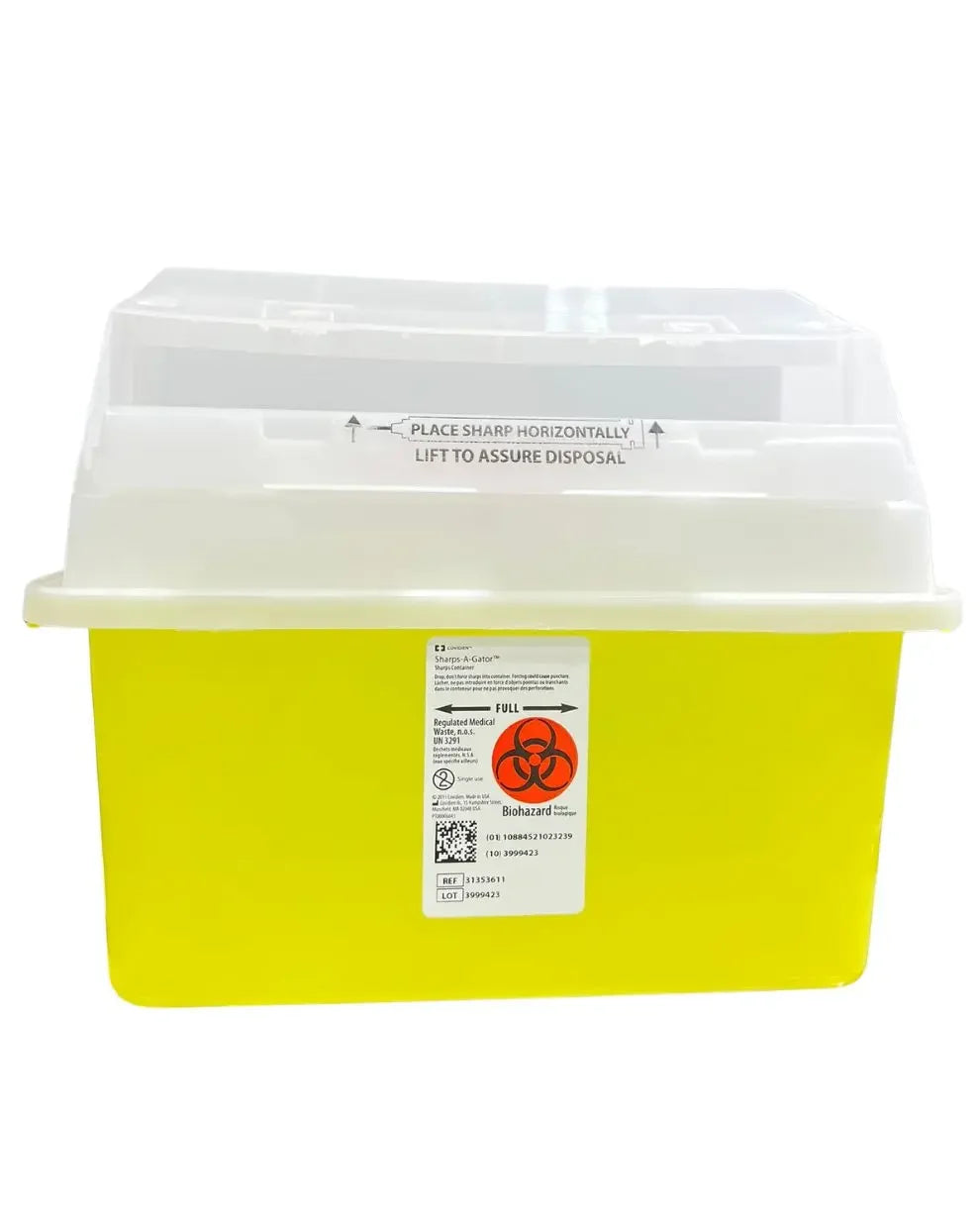 Yellow medical sharps container with biohazard symbol and clear lid for safe needle disposal