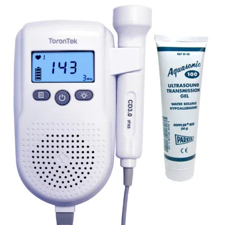 Handheld fetal doppler with digital display and ultrasound transmission gel, medical home care equipment.