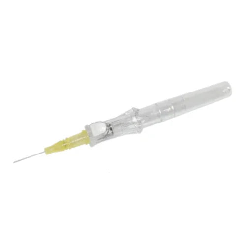 IV catheter with yellow hub and transparent safety cover for medical use