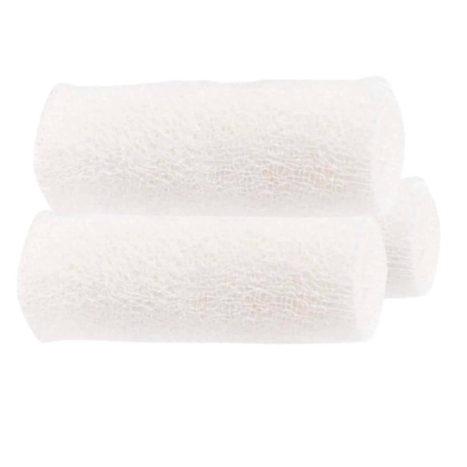 Three rolled white gauze bandages for wound care and medical supplies