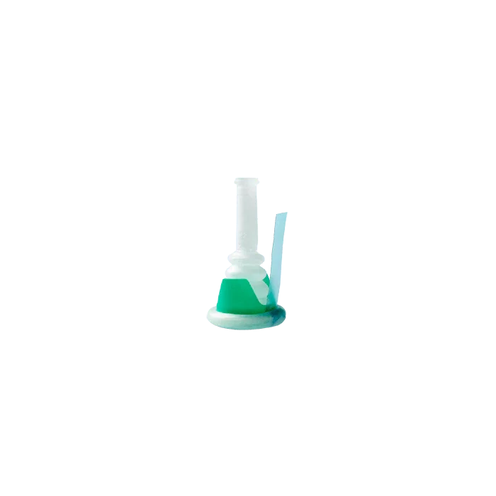 Sterile IV catheter with green and white plastic hub on grey background