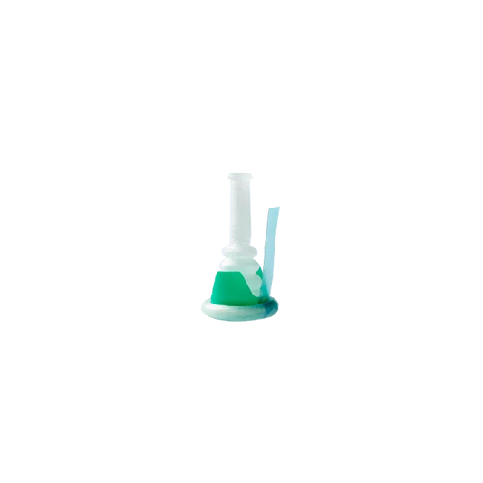 Sterile IV catheter with green and white plastic hub on grey background