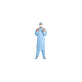 Medical professional in blue disposable surgical gown, face mask, cap, gloves, and shoe covers