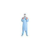 Healthcare worker in full blue surgical gown, mask, gloves, cap, and shoe covers