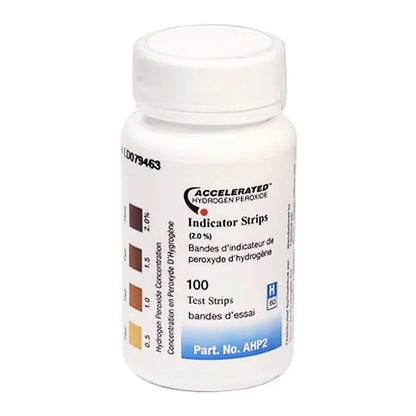 Bottle of hydrogen peroxide indicator test strips with concentration color chart.