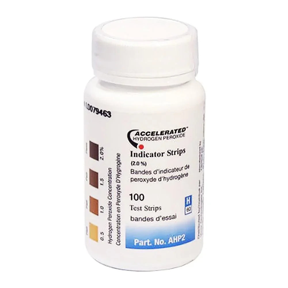 Bottle of hydrogen peroxide indicator test strips for medical disinfection, 100 count