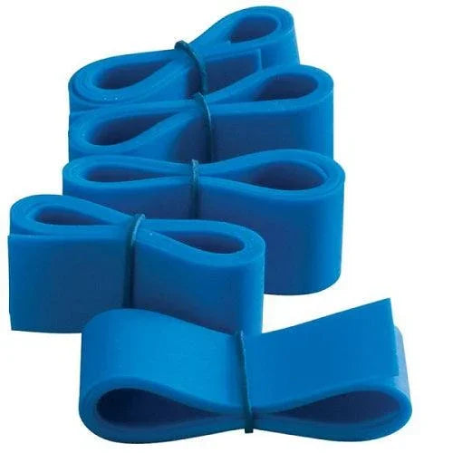 Four blue medical tourniquets rolled and stacked for clinical or home care use