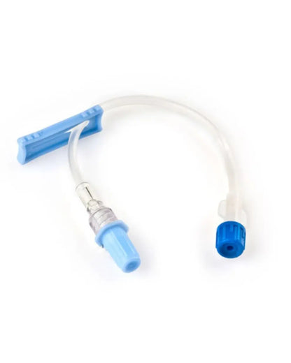 Medical IV extension set with blue Luer lock connectors on white background