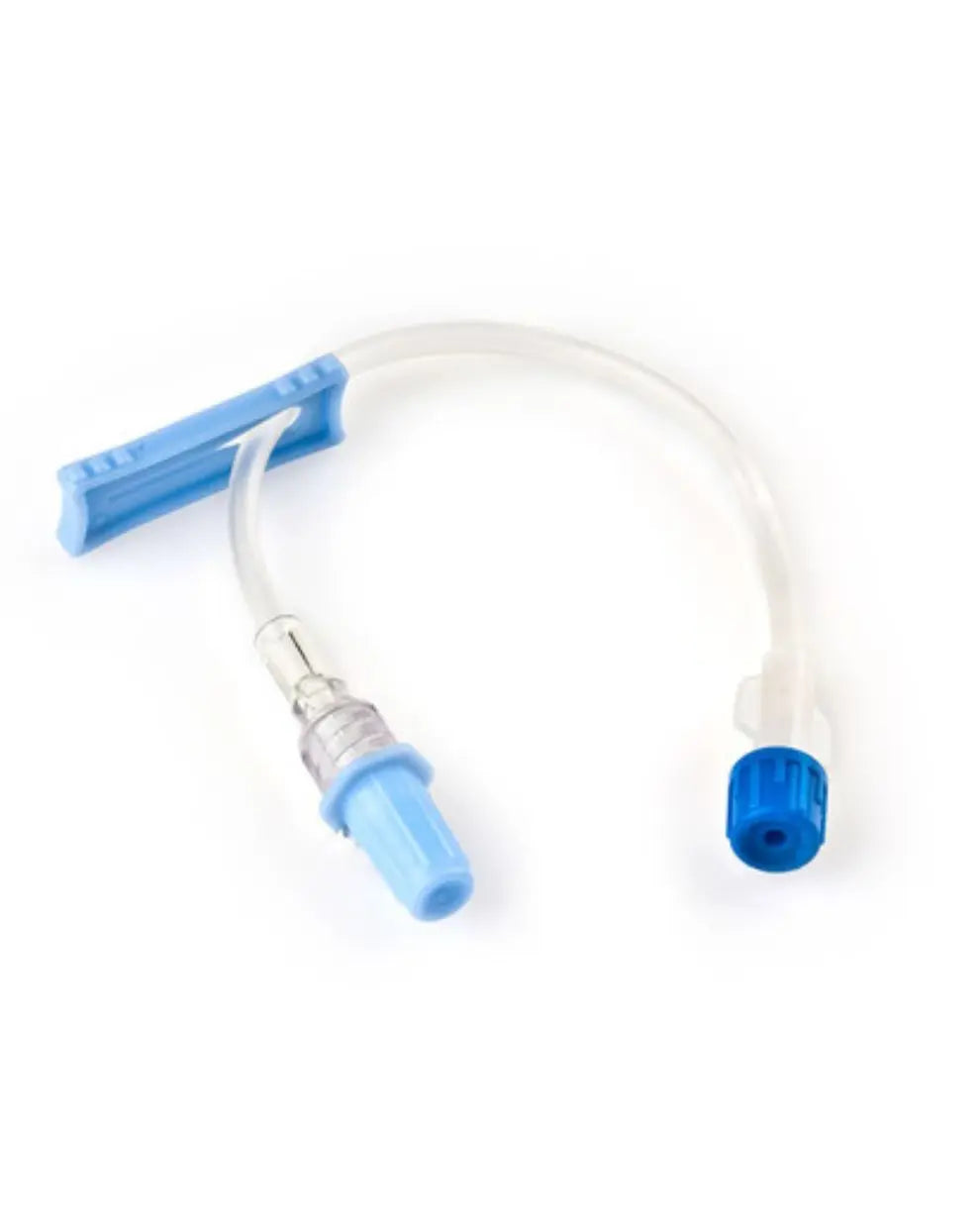 IV extension set with blue caps and transparent tubing on white background