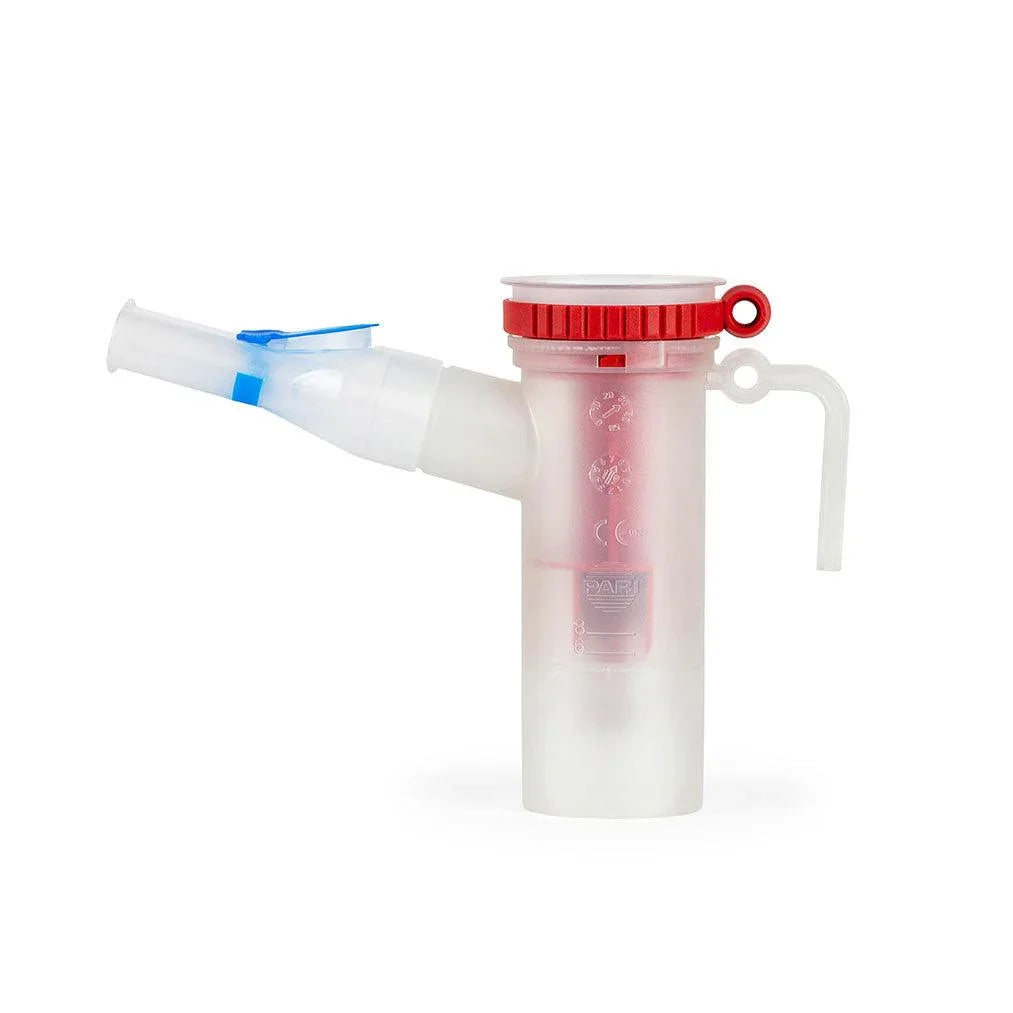 Plastic nebulizer medication cup with mouthpiece and red lid for respiratory therapy