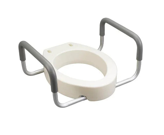 Raised toilet seat with padded handles for home care and mobility assistance