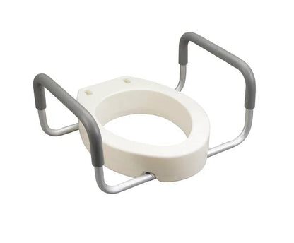 Raised toilet seat with safety handles for home care and mobility support