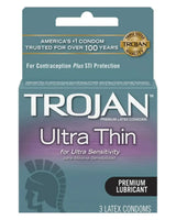 Box of Trojan Ultra Thin latex condoms for ultra sensitivity, 3 count, with premium lubricant