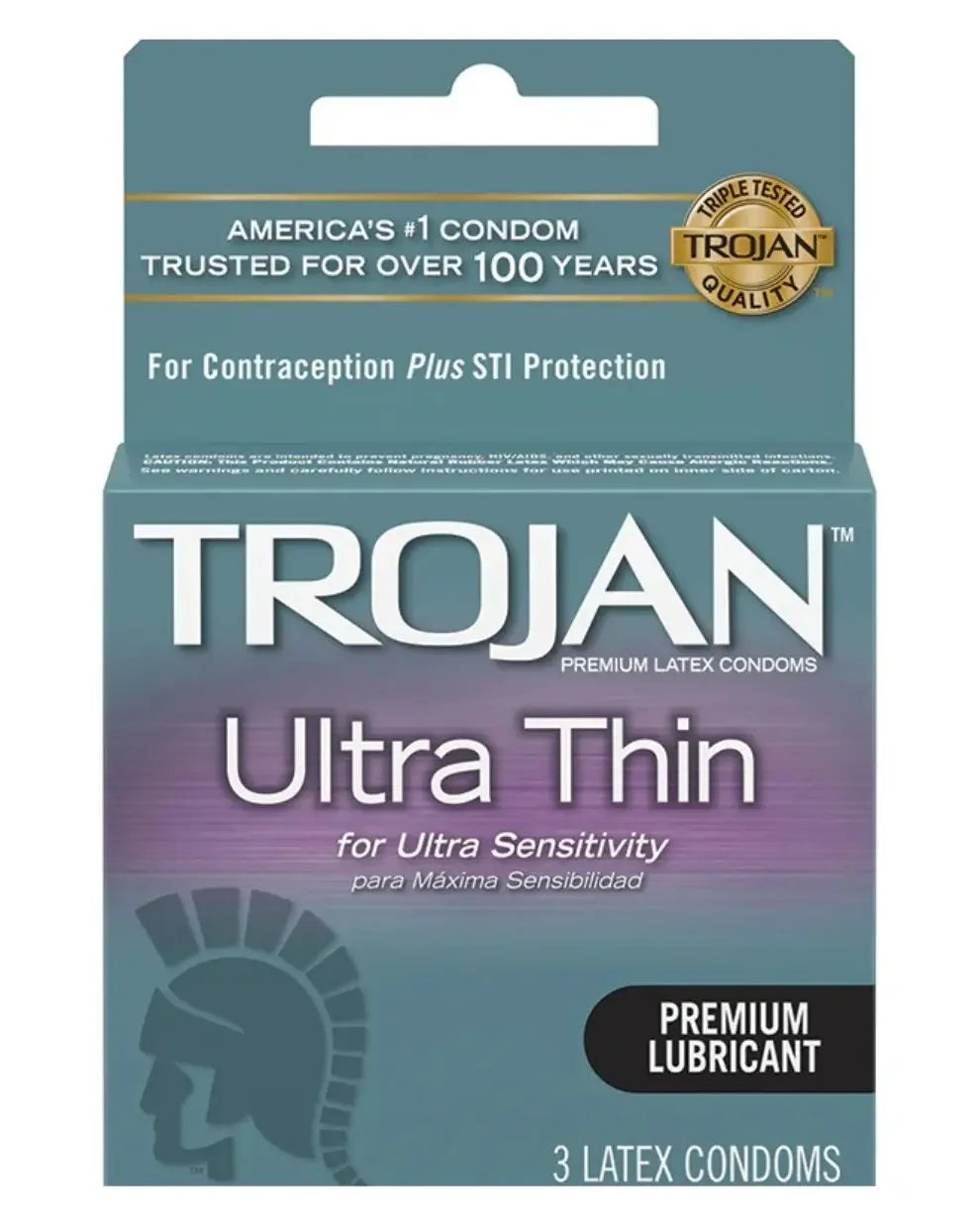 Box of Trojan Ultra Thin latex condoms for ultra sensitivity, 3 count, with premium lubricant