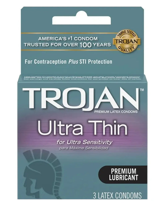 Box of Trojan Ultra Thin latex condoms for ultra sensitivity, 3 count, with premium lubricant