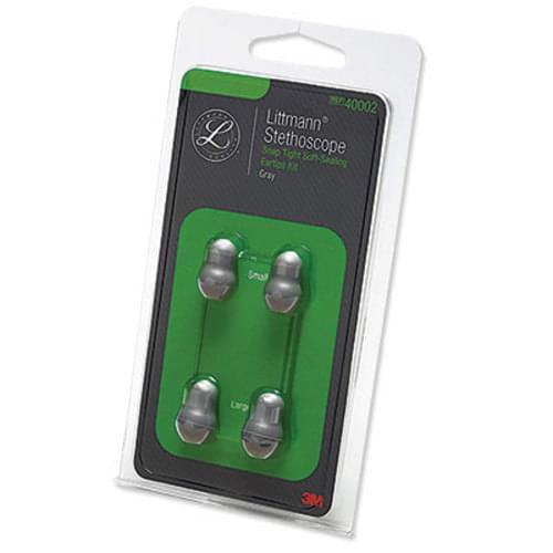 Littmann stethoscope ear tips replacement set in retail packaging, gray color, small and large sizes.