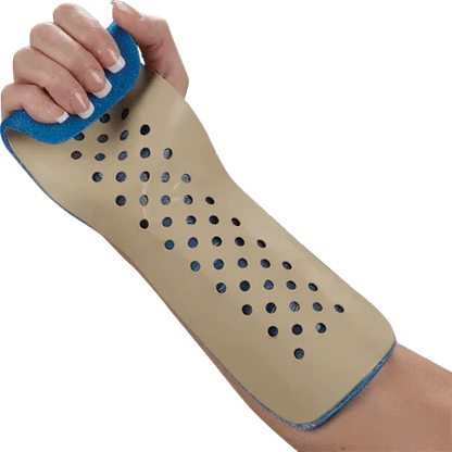 Perforated medical forearm splint on an arm for injury support and immobilization