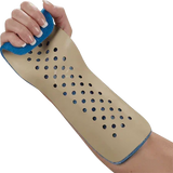 Perforated medical wrist splint supporting forearm, used for injury recovery and immobilization