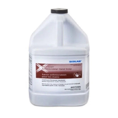 Large jug of antimicrobial hand soap with pump top, white container, brown label, hygiene product