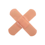 Two adhesive bandages crossed on a white background, wound care medical supplies