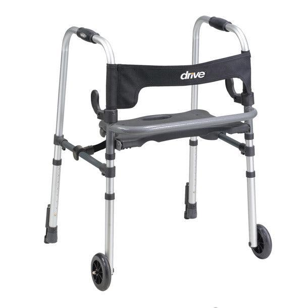 Lightweight folding medical walker with wheels and padded seat for mobility support