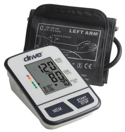 Digital blood pressure monitor with arm cuff, large display, and control buttons
