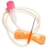 Butterfly needle with orange wings and clear tubing for medical IV access