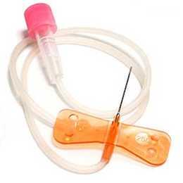 Butterfly needle with orange wings and clear tubing for medical IV access