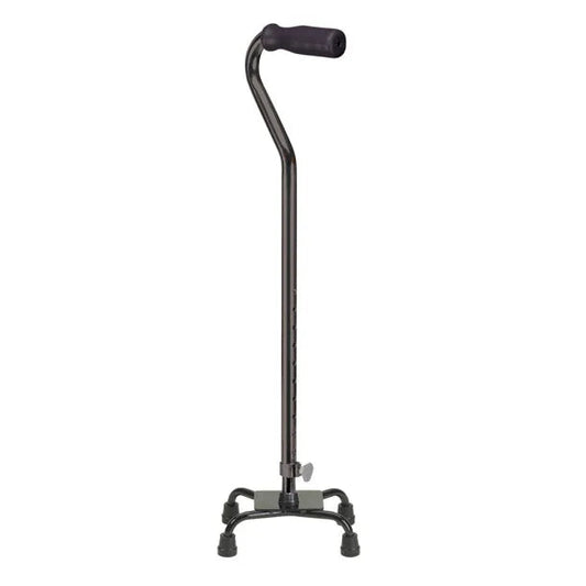 Adjustable quad cane with ergonomic handle and four-point base for stability support