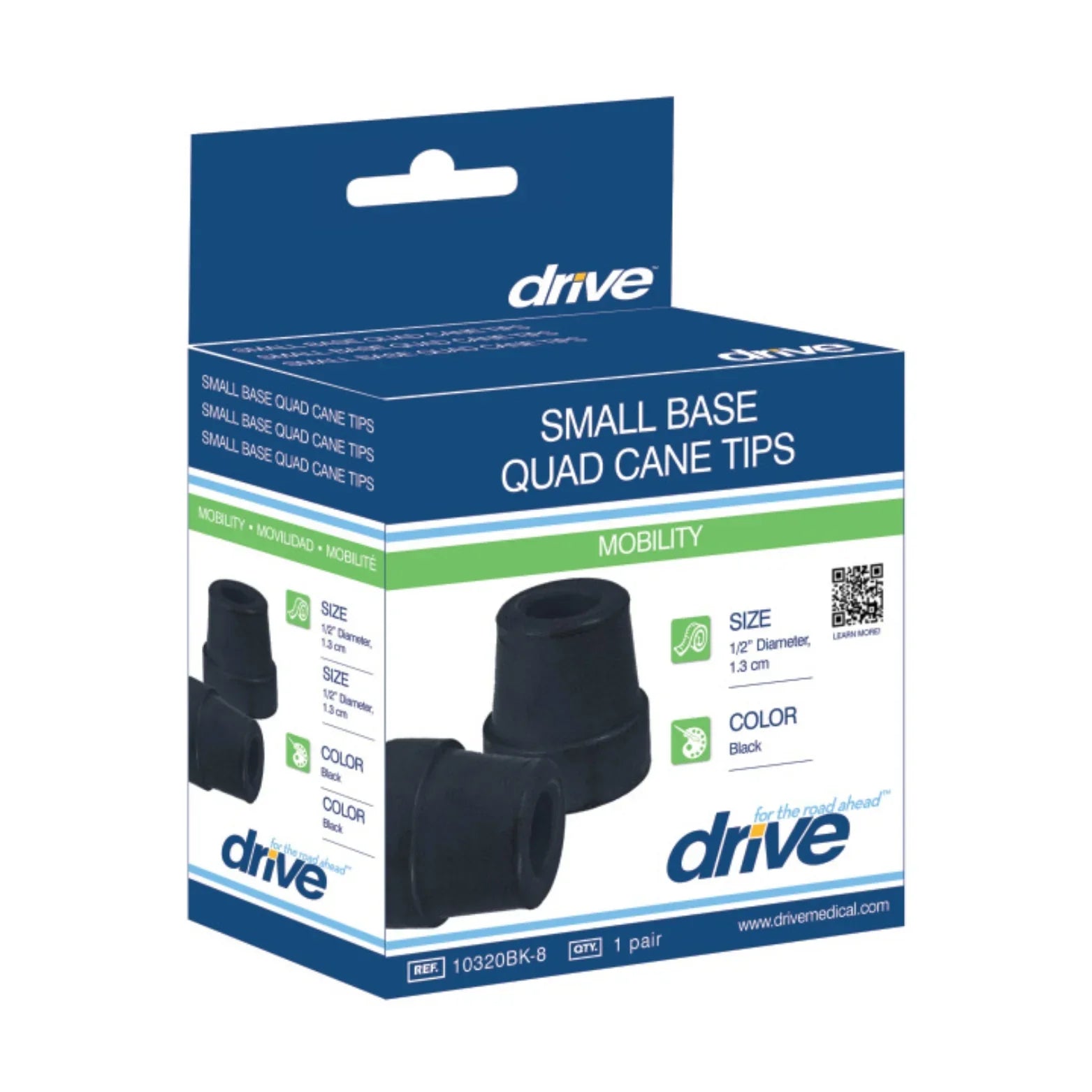 Box of small base black quad cane tips for mobility aids, size 1/2 inch diameter.