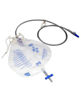Sterile medical drainage bag with measurement markings and attached tubing