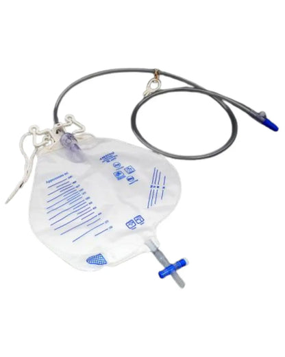 Sterile medical urine drainage bag with graduated measurements and attached tubing