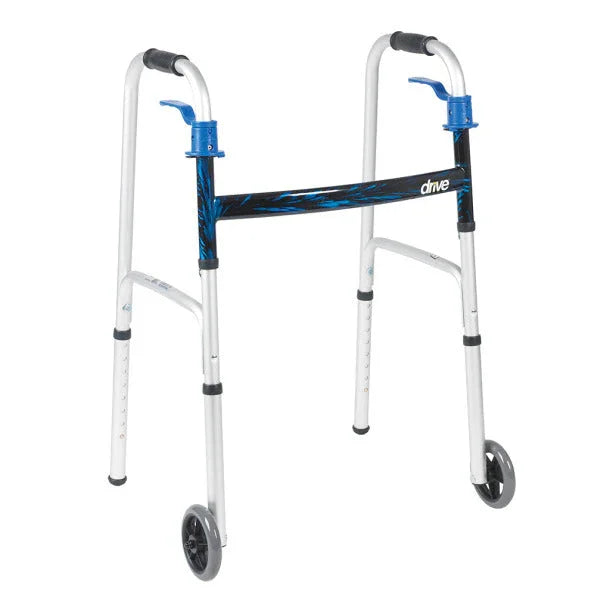 Lightweight folding walker with wheels, blue accents, and ergonomic hand grips for mobility support